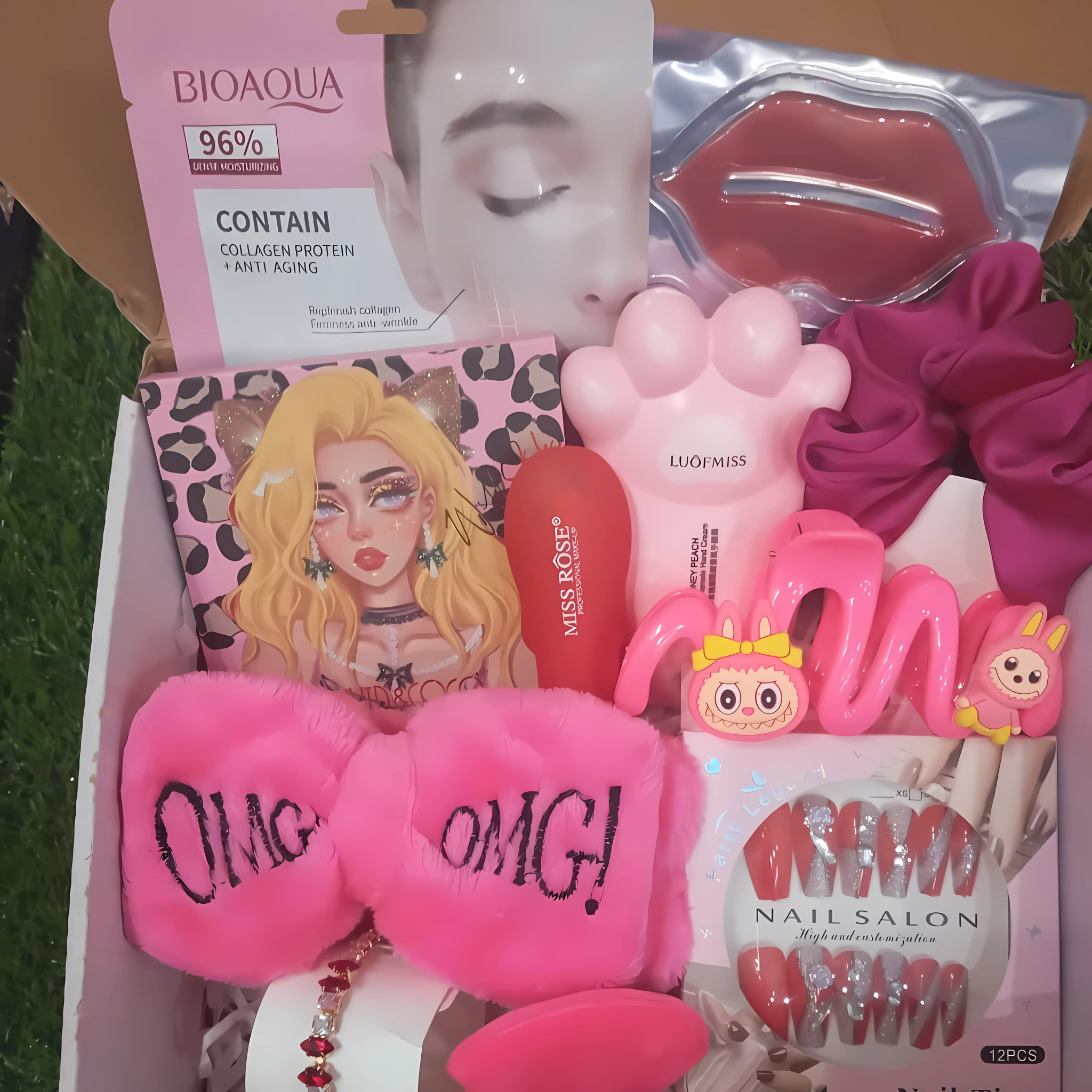 Elegant Pink Skincare Bottles with Pom-Pom Delight